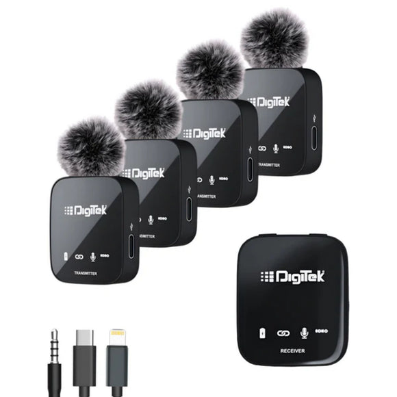 Digitek® (DWM 111) 4 Channel Wireless Microphone System, 360° Ultra Voice Capture & 2.4GHz, Plug & Play, 50m Range, Noise Reduction, Use with DSLR, Smartphone & Laptops, for Podcast, Vlog & Videoshoot