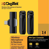 Digitek (DWM 003) Wireless Microphone with Receiver Set, 2 Mics + 1 Receiver, Type C Connector, 4 Hours Continuous Use, 10m Wireless Range, Suitable for Vlog, YouTube, Live Streaming, Video Recording