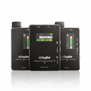 Digitek® (DWM 104) Wireless Microphone System, 2 Transmitters 1 Receiver with TFT Display, 150M Range, 10Hrs RX/TX Runtime, Noise Cancellation, Low Cut Function, Mono/Stereo Output, 3.5mm Interface