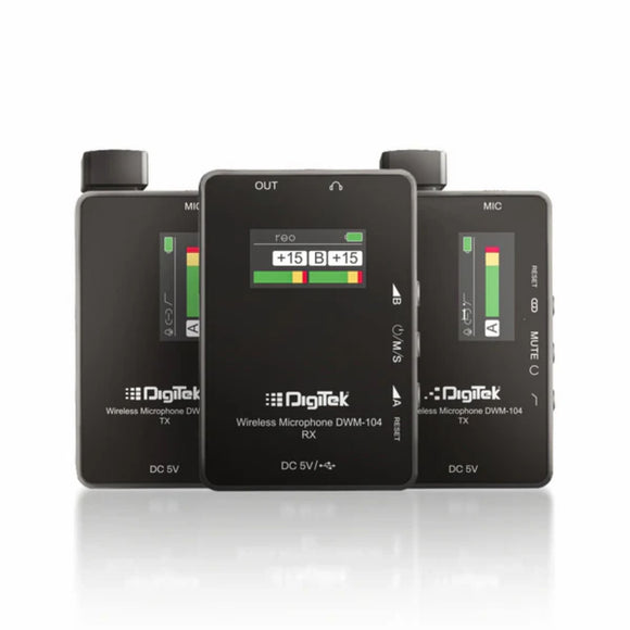 Digitek® (DWM 104) Wireless Microphone System, 2 Transmitters 1 Receiver with TFT Display, 150M Range, 10Hrs RX/TX Runtime, Noise Cancellation, Low Cut Function, Mono/Stereo Output, 3.5mm Interface