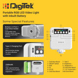 Digitek (LED D6W RGB) Portable Mini RGB LED Video Light with inbuild Battery & 360° HSI, 3000K-6000K, 8-Level Control, 9 Special FX Modes, Type-C Charging, 2hr Battery, for Photography & Videoshoots