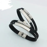 Cowboy fashion Dual Layer Stainless Steel Silver & Black Customized Personalized Laser Engraved Wrist Band Leather ID Bracelet for Men