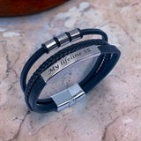 Cowboy fashion Dual Layer Stainless Steel Silver & Black Customized Personalized Laser Engraved Wrist Band Leather ID Bracelet for Men