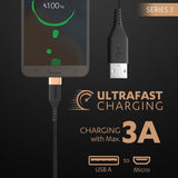 Duracell Micro USB 3A Braided Sync & Fast Charging USB Cable, 3.9 Feet (1.2M). Supports QC 2.0/3.0 Charging, High Speed Data Transmission - Black