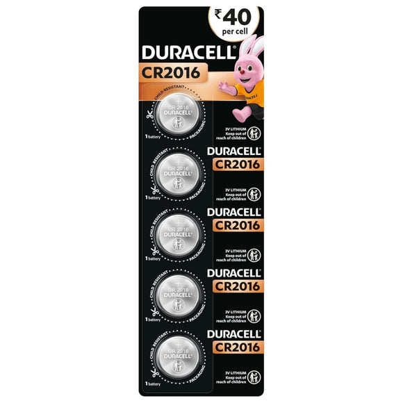 Duracell Specialty CR2016 Lithium Coin Battery 3V, Child Safety Features, Pack of 5 Suitable for use in keyfobs, Scales, wearables and Medical Devices