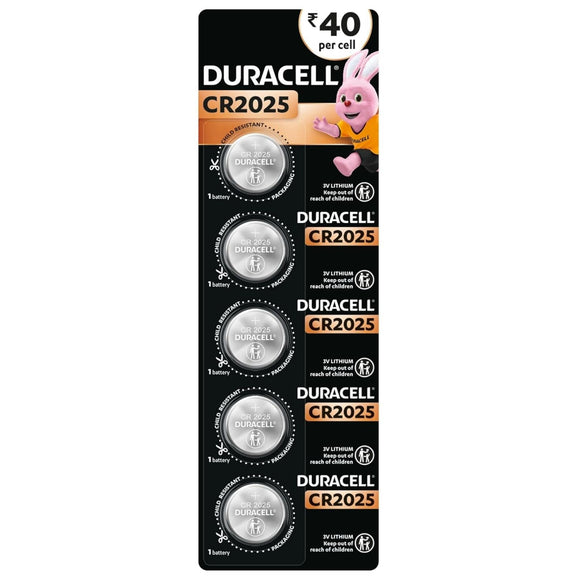 Duracell Specialty CR2025 Lithium Coin Battery 3V, Child Safety Features, Pack of 5 Suitable for use in keyfobs, Scales, wearables and Medical Devices