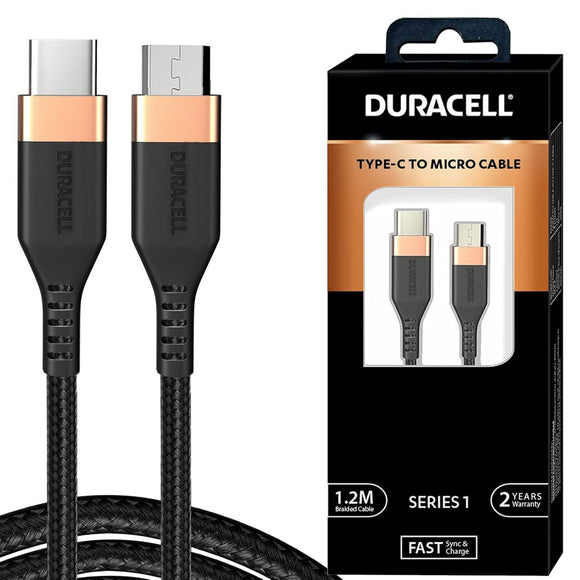 Duracell Type-C To Micro Cable, 2A Braided Sync & Quick Charging Cable, 3.9 Feet (1.2M) braided Sync & Charge Cable, Supports QC 2.0/3.0 Charging, Rapid data transmission, Series 1, Black