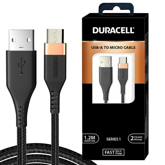 Duracell USB A To Micro Cables, 2A Braided Sync & Quick Charging USB Cable, 3.9 Feet (1.2M), Supports QC 2.0/3.0 Charging, Rapid Data Transmission, Series 1, Black