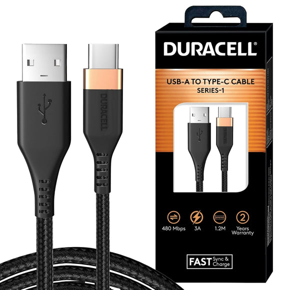 Duracell Usb-A To Type C, 65W Braided Sync & Fast Charging Cable, 3.9 Feet (1.2M), Qc 2.0/3.0 Ultra Fast Charging, For Samsung, Mi, Realme, Oppo, One Plus, Seamless Data Transmission, Series 3, Black
