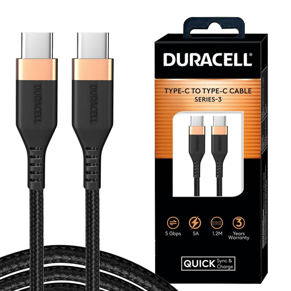 Duracell Usb Type C To Type C 5A(100W) Braided Sync& Charging Cable,Compatible With Mobile,Laptop,Tablets&Macbook,3.9 Feet(1.2M) Supports Pd&Qc 3.0 Charging,5 Gbps Data Transmission,Black