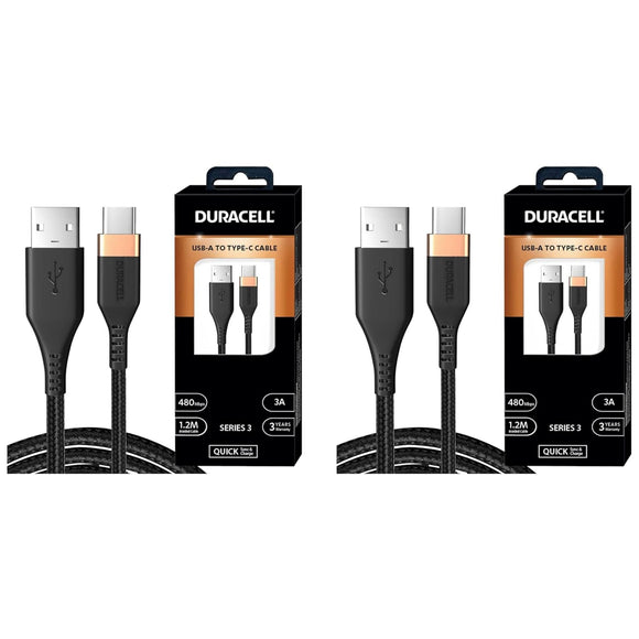 Duracell USB Type C, 3A Braided Sync & Fast Charging Cable, 3.9 Feet (1.2M),QC 2.0/3.0 Ultra Fast Charging, Compatible with Samsung, MI,Realme & Type C Devices, Data Transmission, Series 3 (Pack of 2)