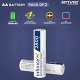 ENVIE (AA2800 2PL) Pack of 2, AA Ni-Mh 2800mAh Capacity Rechargeable Battery