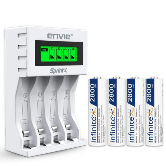 ENVIE (ECR11MC + 2800 4PL) SprintX Ultra Fast Rechargeable Batteries Charger for AA & AAA Ni-MH with 4xAA2800mah Rechargeable Batteries, with Over Charge Protection