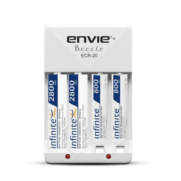 ENVIE (ECR20 2800 800 2PL) High Speed Wall Plug Charger ECR 20 for AA & AAA Ni-mh/Ni-cd Rechargeable Batteries | 2000MA Output Current | with 2 xAA2800 & 2xAAA800 Rechargeable Batteries (ECR20 2800 800 2PL)