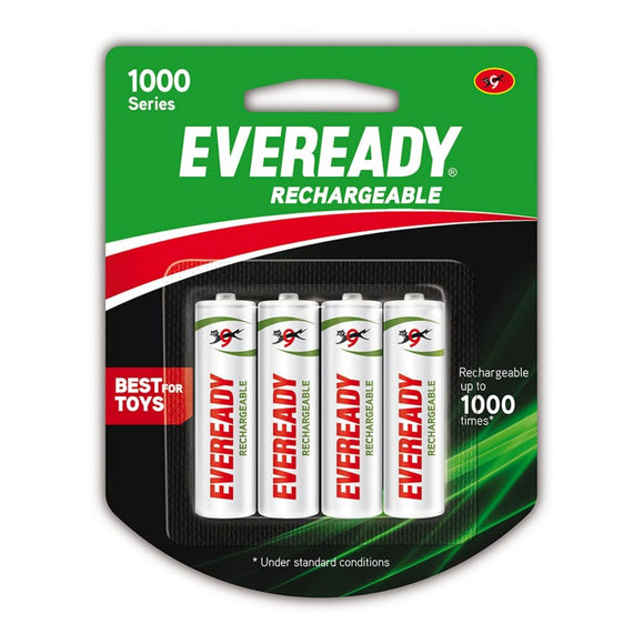 Eveready AA Rechargeable Battery | 1000 Series | Pack of 4 | Durable & Cost Effective | Low Discharge Mechanism | Ideal for High Drain Devices | 1.2V | India’s No.1 Battery Brand