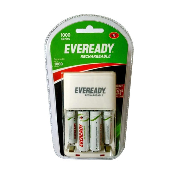 Eveready Rechargeable Battery & Charger| 1000 Series | Combo Pack with 4 Batteries & Charger | Low Discharge Mechanism | Ideal for High Drain Devices| 1.2V | India’s No.1 Battery Brand