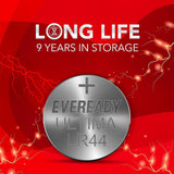 Eveready Ultima Alkaline Coin Battery 1.5V | LR44 | Lightweight & Heavy on Power | with Child Proof Packaging | Best Suited for Wearables, Calculators, Microphone, Toys & Medical Devices | Pack of 10