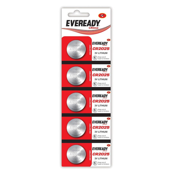 Eveready Ultima Coin Battery 3V | CR2025 | Made with High-Purity Lithium | with Child Proof Packaging | Best Suited for Car Key Fobs, Small Remotes, Medical Devices & Sensors | Pack of 5