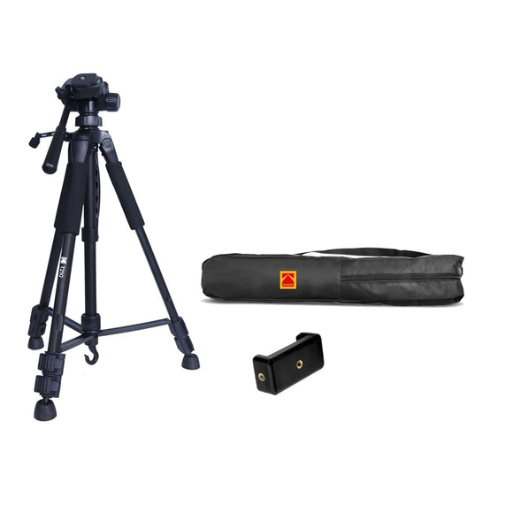 Kodak T210 Tripod for DSLR, Camera|Three Way Pan Movement Tripod|Maximum Load Capacity up to 3.5kg| Portable and Lightweight|Mobile Phone Holder Mount & Carry Bag for All Smart Phones, Cameras|Black