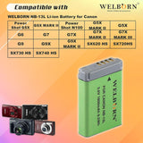 WELBORN NB13L Rechargeable Battery Pack Compatible with Canon Power Shot G5X G5X Mark II G6 G7 G7X G7X Mark II G7X Mark III G9 G9X G9X Mark II | Power Shot N100 SX620 HS SX720HS SX730 HS SX740 HS