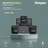 Simpex SWM-103, 2-in-1 wireless microphone system with 100M range, 12hrs of work time, LCD screen on all the units, plug and play, noise cancellation, compatible with smartphones and camera for vlogging, meeting or video shoot
