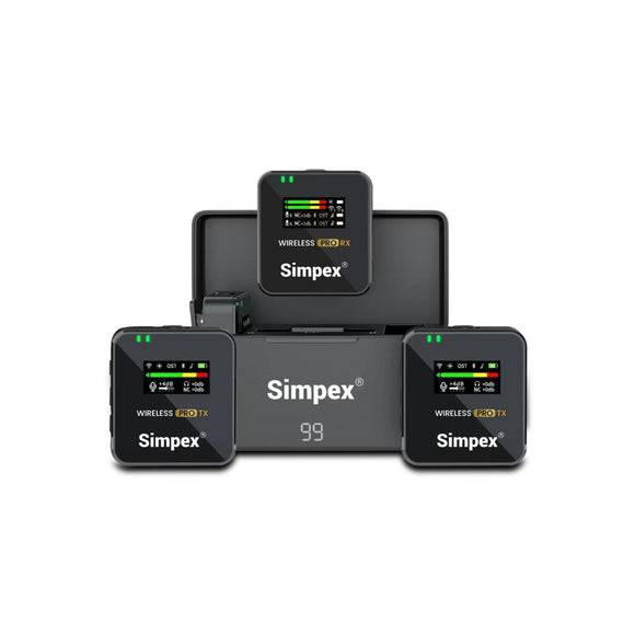 Simpex SWM-103, 2-in-1 wireless microphone system with 100M range, 12hrs of work time, LCD screen on all the units, plug and play, noise cancellation, compatible with smartphones and camera for vlogging, meeting or video shoot