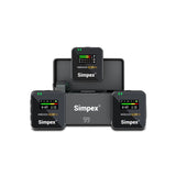 Simpex SWM-103, 2-in-1 wireless microphone system with 100M range, 12hrs of work time, LCD screen on all the units, plug and play, noise cancellation, compatible with smartphones and camera for vlogging, meeting or video shoot