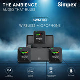 Simpex SWM-103, 2-in-1 wireless microphone system with 100M range, 12hrs of work time, LCD screen on all the units, plug and play, noise cancellation, compatible with smartphones and camera for vlogging, meeting or video shoot