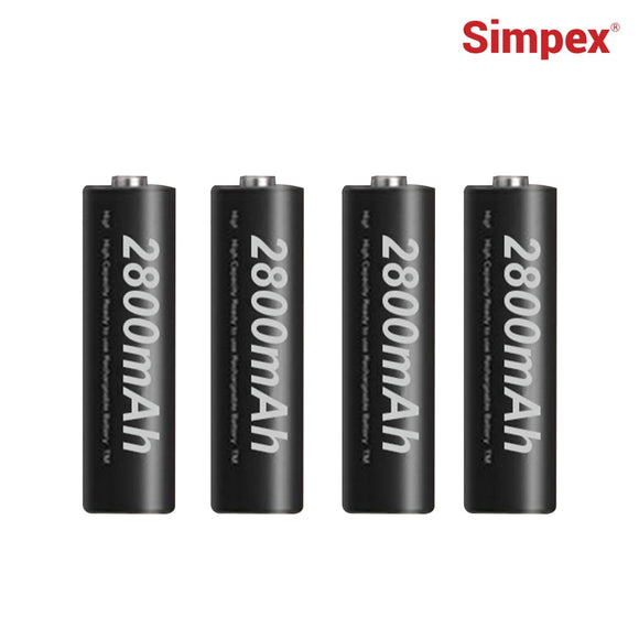Simpex AA 2800 mAh rechargeable batteries, ready to use and comes with the pack of 4 (Black Edition)
