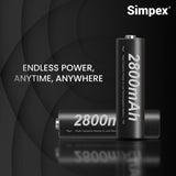 Simpex AA 2800 mAh rechargeable batteries, ready to use and comes with the pack of 4 (Black Edition)