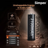 Simpex AA 3100 mAh rechargeable batteries, ready to use and comes with the pack of 4 (Black Edition)