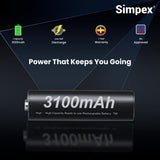 Simpex AA 3100 mAh rechargeable batteries, ready to use and comes with the pack of 4 (Black Edition)