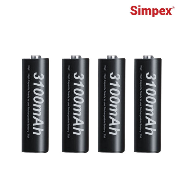 Simpex AA 3100 mAh rechargeable batteries, ready to use and comes with the pack of 4 (Black Edition)