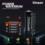 Simpex AA 3900mAh rechargeable batteries, ready to use and comes with the pack of 4 (Black Edition)