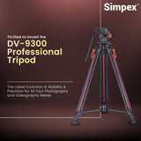 Simpex DV 9300 platinum heavy duty tripod with aluminium rod and non slip foot pad, 20 kg max pay load with 7 ft height and easily compatible with camcorder, DSLR and smartphones