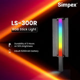 Simpex LS-300R Portable Handheld RGB LED Light stick with Grid, Diffuser & Barn Door Comes with a 5200mAh Built in Battery Pack