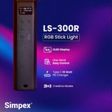 Simpex LS-300R Portable Handheld RGB LED Light stick with Grid, Diffuser & Barn Door Comes with a 5200mAh Built in Battery Pack