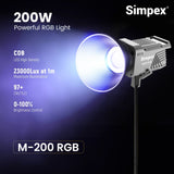 Simpex M-200R, RGB continuous LED light with reflector, APP controlled, suitable for all types of cinematic video shoots.