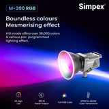 Simpex M-200R, RGB continuous LED light with reflector, APP controlled, suitable for all types of cinematic video shoots.
