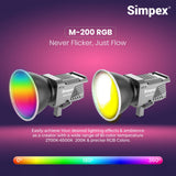 Simpex M-200R, RGB continuous LED light with reflector, APP controlled, suitable for all types of cinematic video shoots.