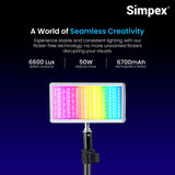 Simpex M-50R pocket RGB video light, 50W power output with LCD Display, RGB mode, CCT mode, FX mode with in-built 6700mAh battery