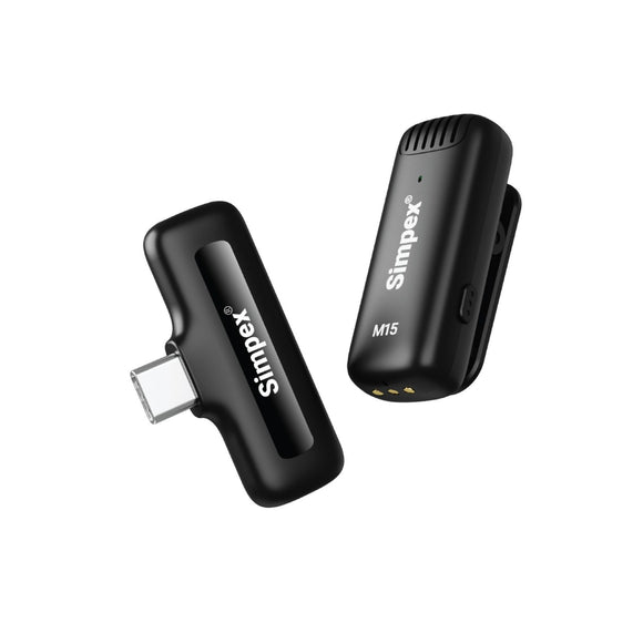 Simpex M15 Wireless Microphone & Receiver with Type C, Noise cancellation, Mic Suitable for Vlog You Tube Live Streaming Video Recording and More