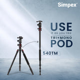 Simpex Professional Aluminium Tripod 540-TM Tripod Cum Monopod with Multipurpose Head for Low Level Shooting, Panning for All DSLR Camera