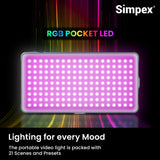 Simpex RGB-200 Portable RGB LED 20W(max) Video Light with 5400mAh in-Built Battery | 97+ CRI | 14 Preset Effects | Multi Scene Lightening | Color Temperature & Brightness Control