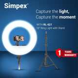 Simpex Ring LED RL 621 bi Colour 18 inch Ring Light with Light Stand, Suitable for Various Purposes and Supports Wide Applications