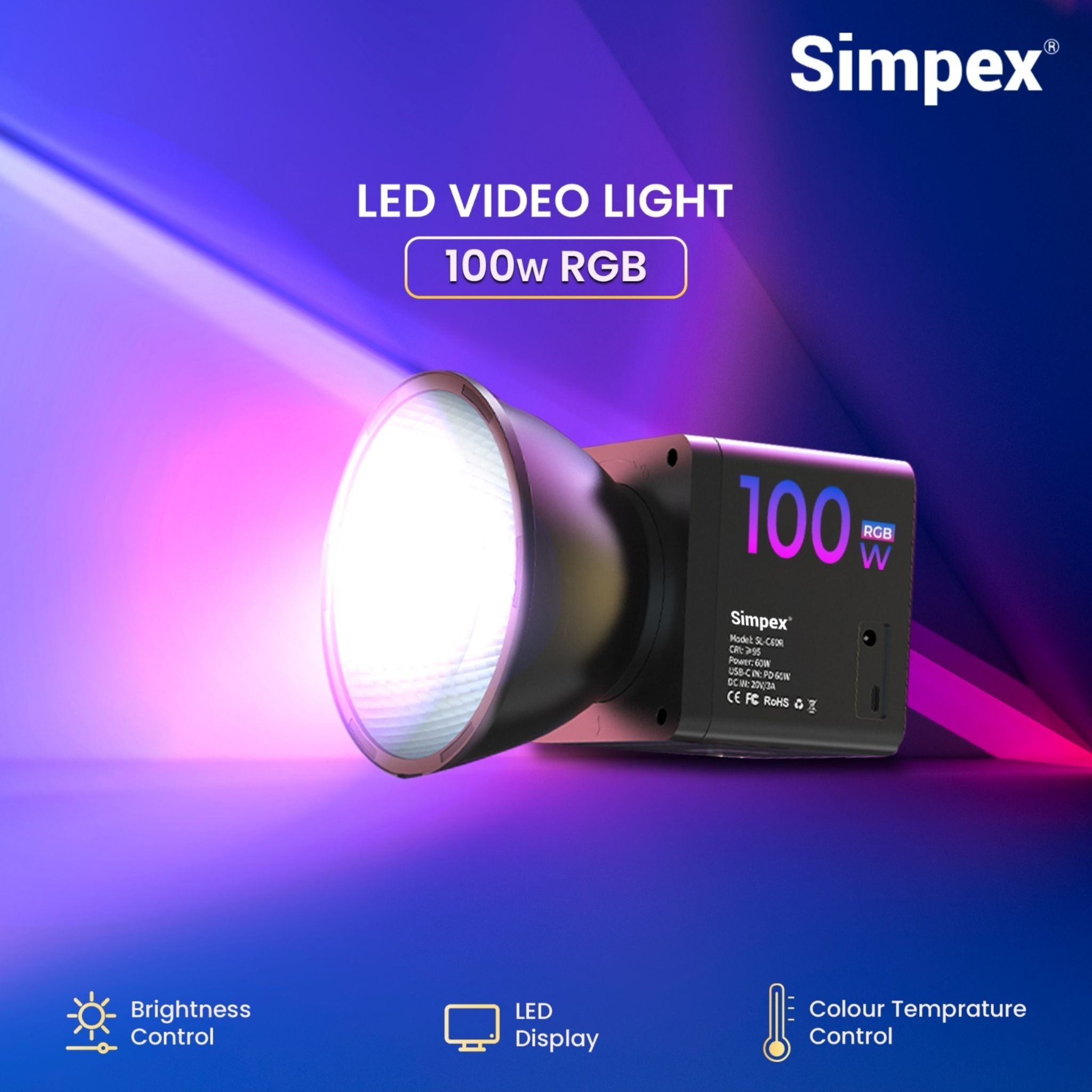 Simpex SLB-100R Portable RGB Video Light with 100W Power, 2500K-6500K ...
