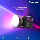 Simpex SLB-100R Portable RGB Video Light with 100W Power, 2500K-6500K Adjustable Color Temperature, 26800mAh Rechargeable Battery, 24 Light Effects, CRI 95+ Dimmable Lighting for Photography