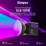 Simpex SLB-100R Portable RGB Video Light with 100W Power, 2500K-6500K Adjustable Color Temperature, 26800mAh Rechargeable Battery, 24 Light Effects, CRI 95+ Dimmable Lighting for Photography