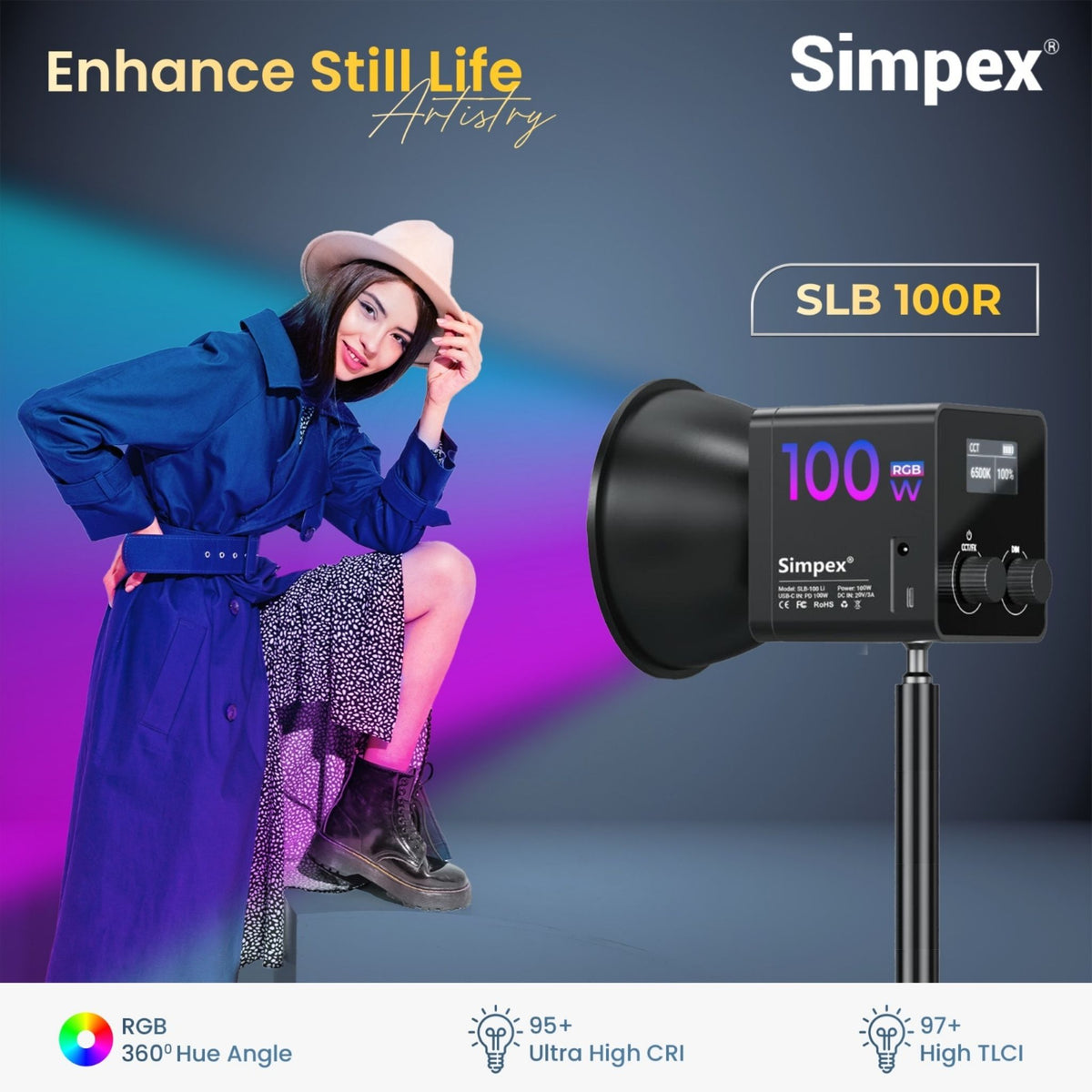 Simpex SLB-100R Portable RGB Video Light with 100W Power, 2500K-6500K ...