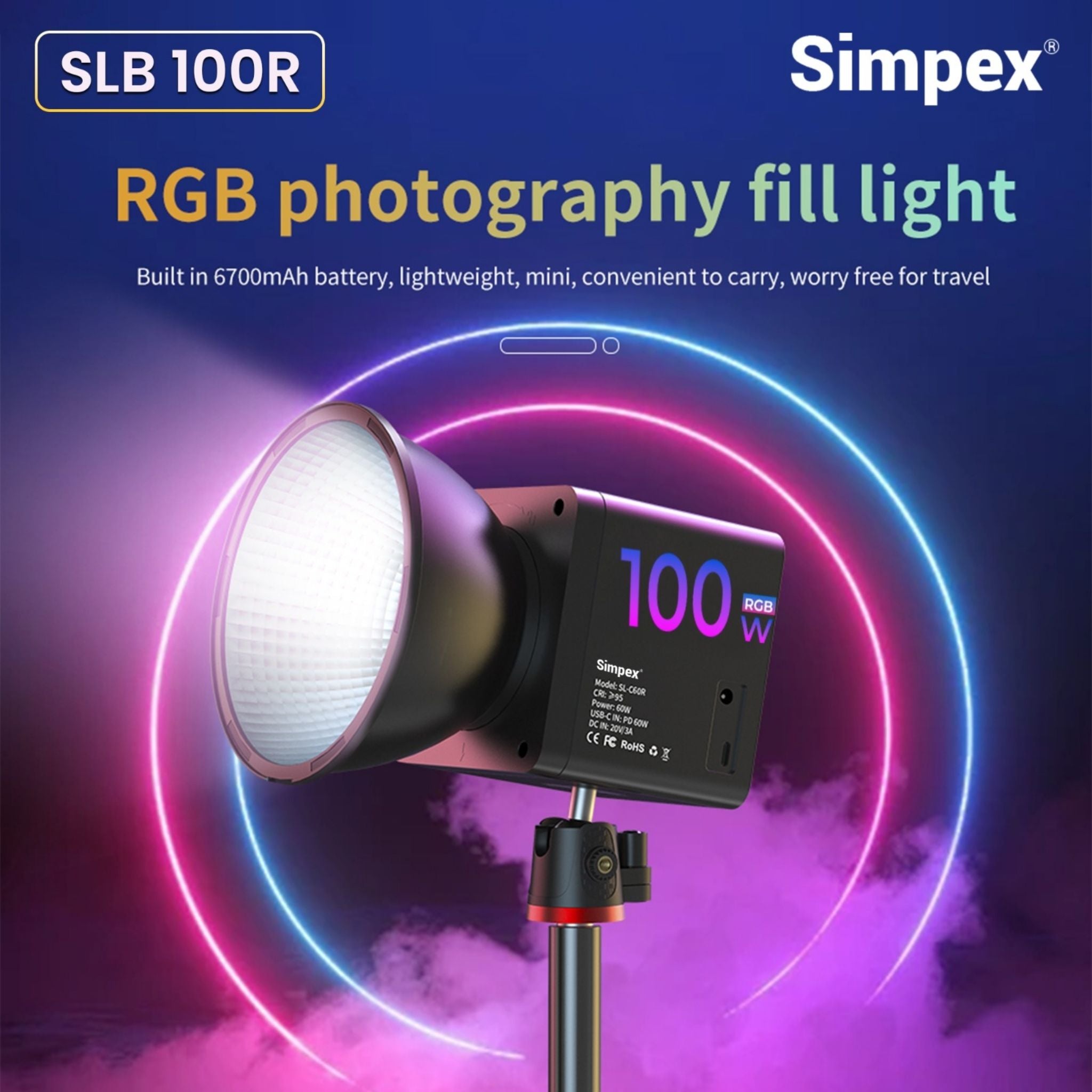 Simpex SLB-100R Portable RGB Video Light with 100W Power, 2500K-6500K ...